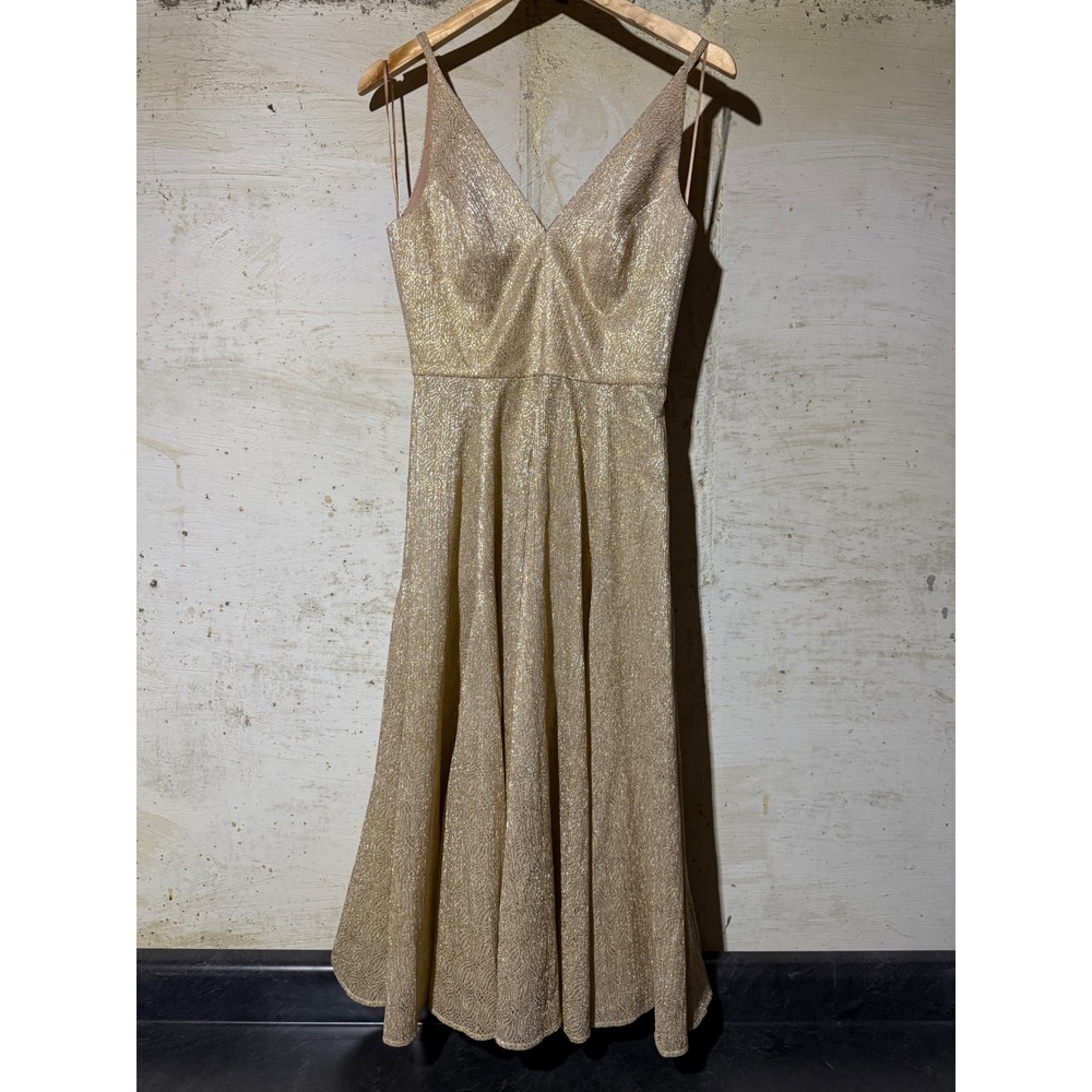 Dress the Population Delilah Gold Metallic Glitter VNeck Strap Midi Dress Size S